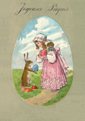Fille et lapin échangent des œufs colorés